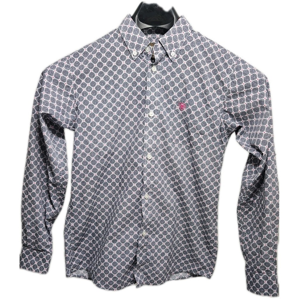 Ariat Boys Pietro Classic Navy Pink Geometric Medallion Western Shirt L 14-16